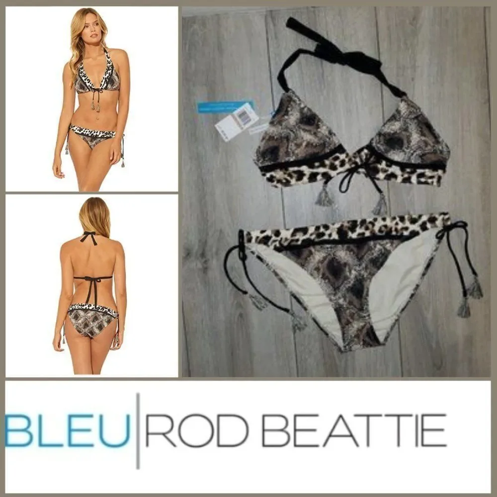 Bleu Rod Beattie Animal Print Triangle Bikini Top Tie Side Hipster Botto…